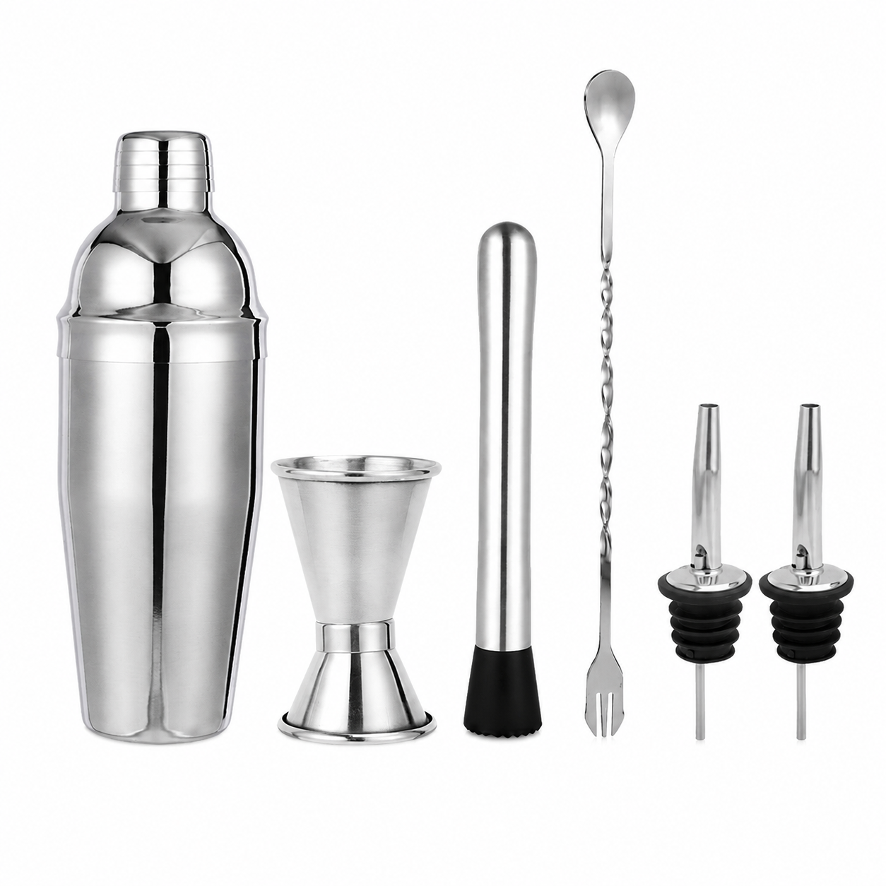KITPRO 6PCS Stainless Steel Cocktail Shaker Set Professional Bartender Kit with Shaker, Double Jigger, Ice Muddler, Mixing Spoon and 2 Liquor Pourers for Bar Coffee Shop Beverage Store