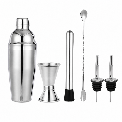 KITPRO 6PCS Stainless Steel Cocktail Shaker Set Professional Bartender Kit with Shaker, Double Jigger, Ice Muddler, Mixing Spoon and 2 Liquor Pourers for Bar Coffee Shop Beverage Store