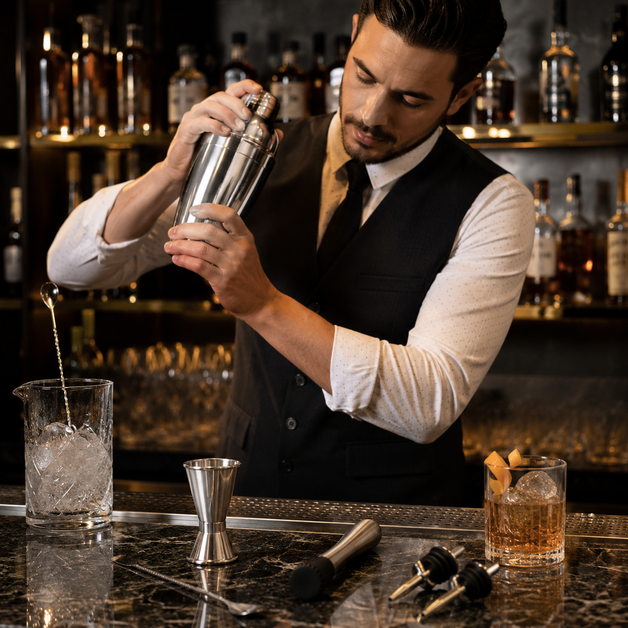 KITPRO 6PCS Stainless Steel Cocktail Shaker Set Professional Bartender Kit with Shaker, Double Jigger, Ice Muddler, Mixing Spoon and 2 Liquor Pourers for Bar Coffee Shop Beverage Store