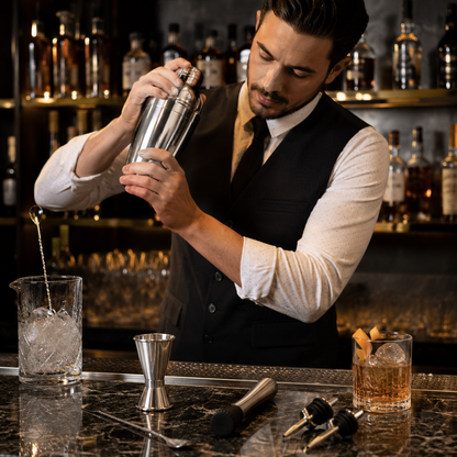 KITPRO 6PCS Stainless Steel Cocktail Shaker Set Professional Bartender Kit with Shaker, Double Jigger, Ice Muddler, Mixing Spoon and 2 Liquor Pourers for Bar Coffee Shop Beverage Store