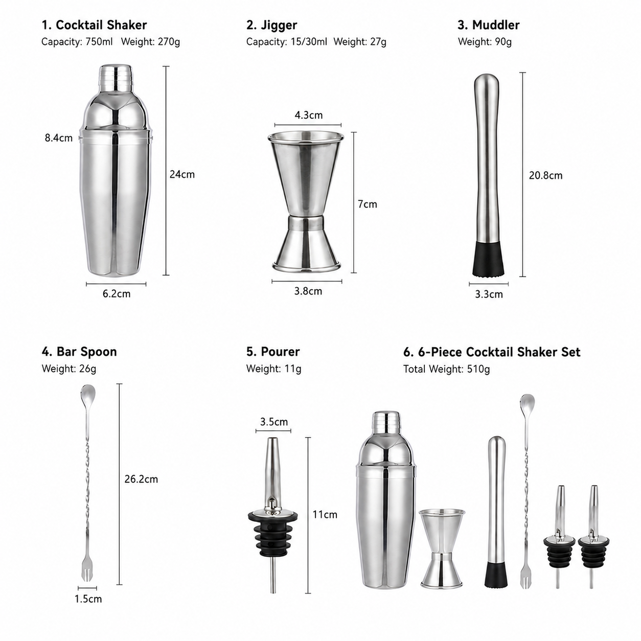 KITPRO 6PCS Stainless Steel Cocktail Shaker Set Professional Bartender Kit with Shaker, Double Jigger, Ice Muddler, Mixing Spoon and 2 Liquor Pourers for Bar Coffee Shop Beverage Store