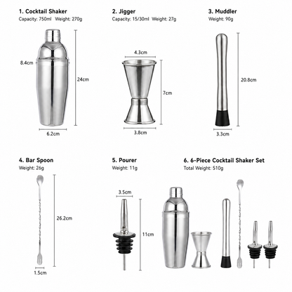 KITPRO 6PCS Stainless Steel Cocktail Shaker Set Professional Bartender Kit with Shaker, Double Jigger, Ice Muddler, Mixing Spoon and 2 Liquor Pourers for Bar Coffee Shop Beverage Store