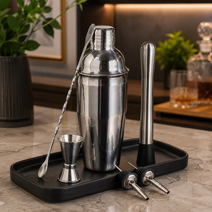 KITPRO 6PCS Stainless Steel Cocktail Shaker Set Professional Bartender Kit with Shaker, Double Jigger, Ice Muddler, Mixing Spoon and 2 Liquor Pourers for Bar Coffee Shop Beverage Store
