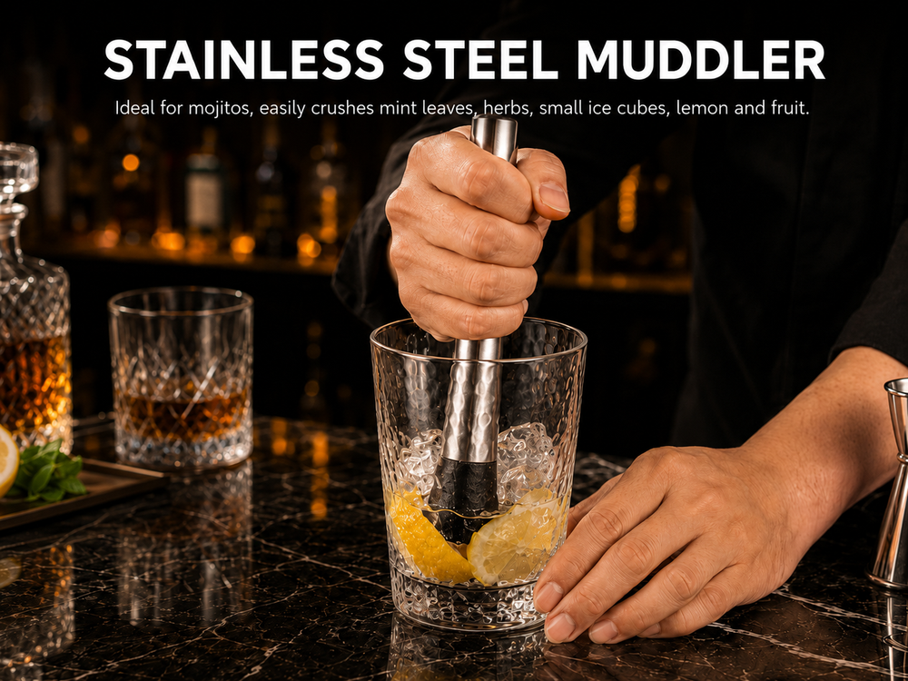 KITPRO 6PCS Stainless Steel Cocktail Shaker Set Professional Bartender Kit with Shaker, Double Jigger, Ice Muddler, Mixing Spoon and 2 Liquor Pourers for Bar Coffee Shop Beverage Store