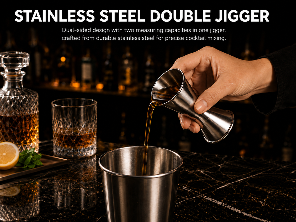 KITPRO 6PCS Stainless Steel Cocktail Shaker Set Professional Bartender Kit with Shaker, Double Jigger, Ice Muddler, Mixing Spoon and 2 Liquor Pourers for Bar Coffee Shop Beverage Store